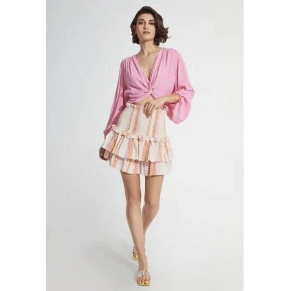 Kasia Sifnos Mini Skirt NEW NWTS Size Xs-M Retail $187 High Rise Ruffle Aztec O - Picture 2 of 7